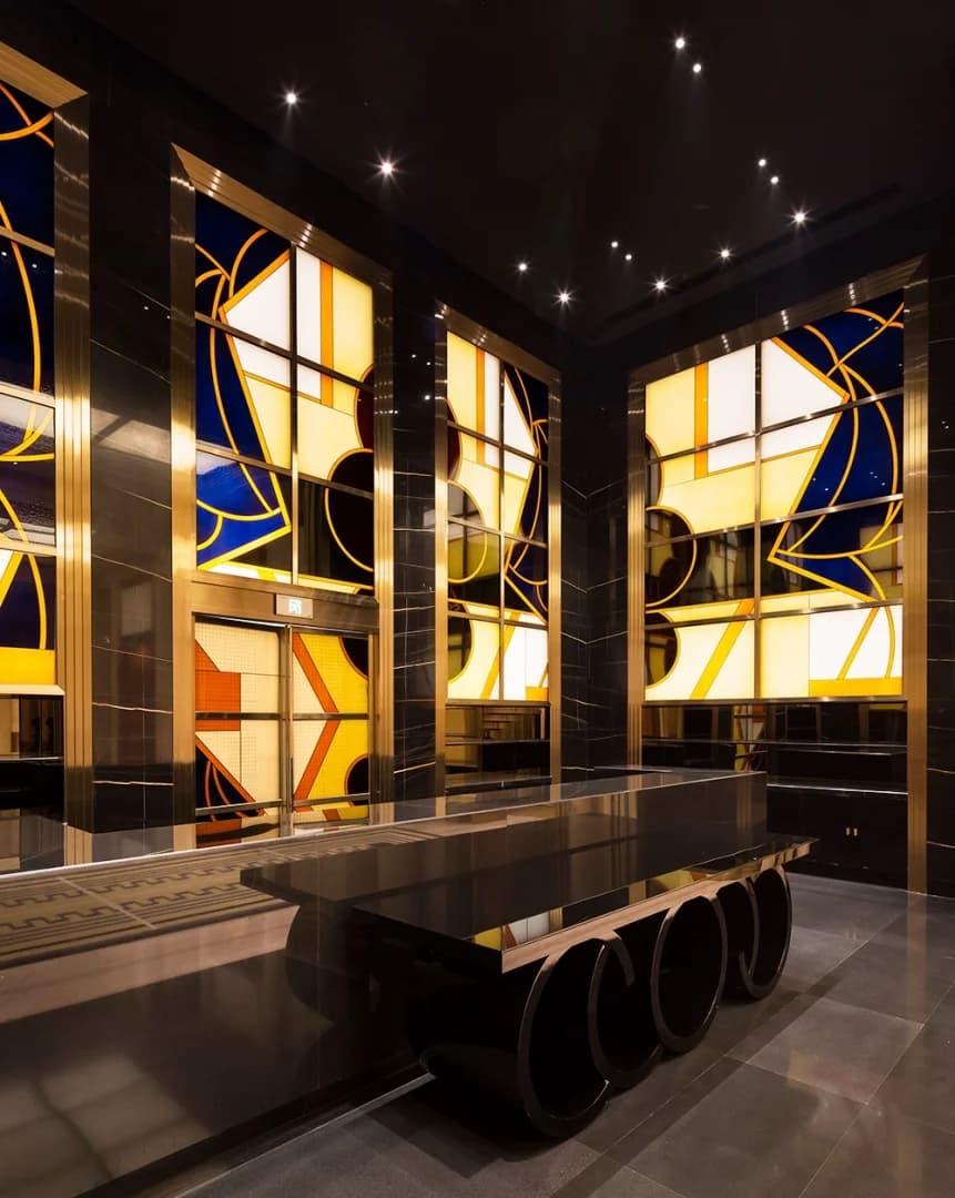 Graphic glass wall within interior