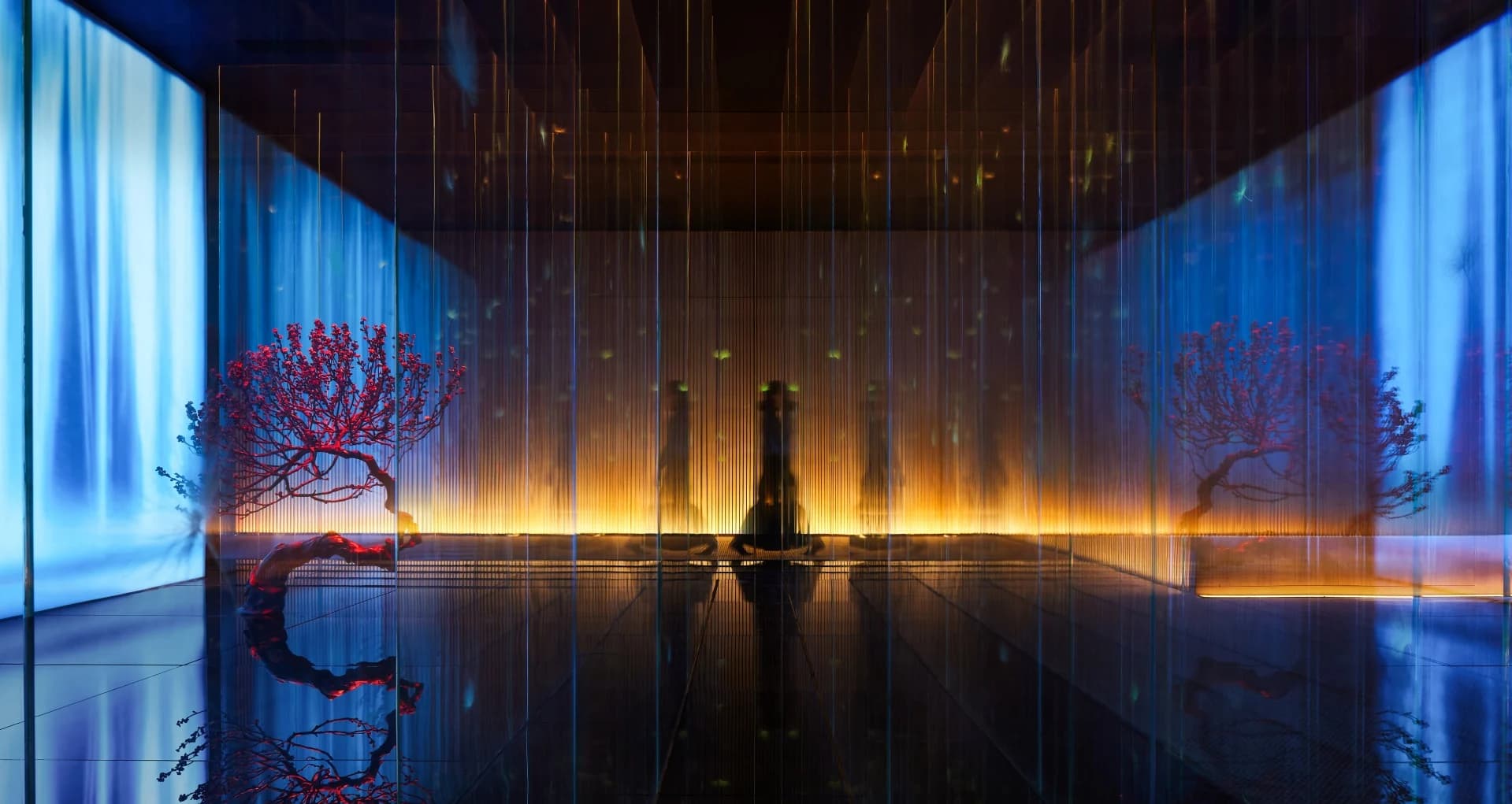 Blue-lit room and reflective glass