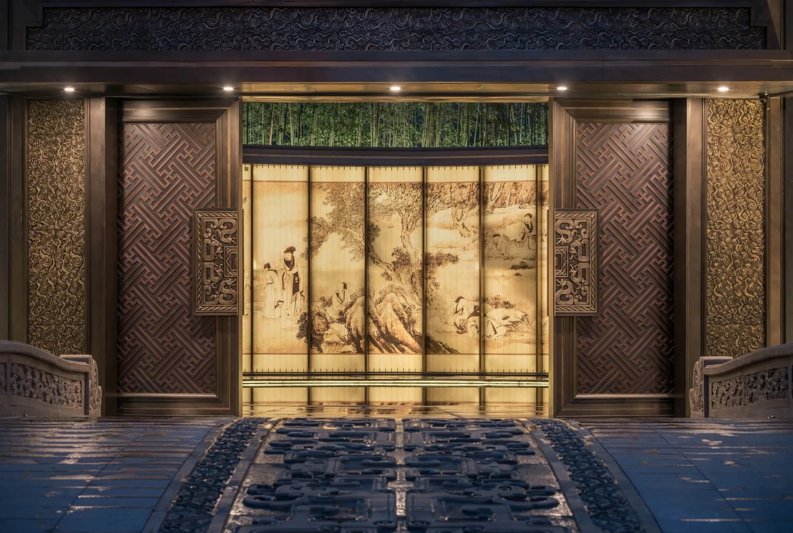 Illuminated landscape-glass entrance