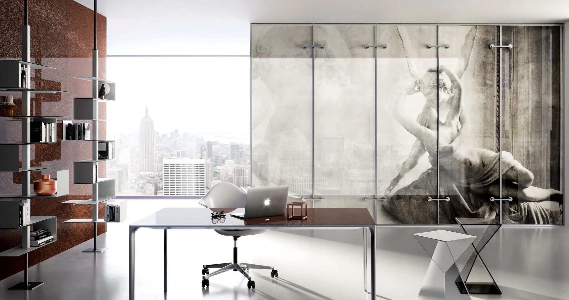 Decorative glass within an office material study