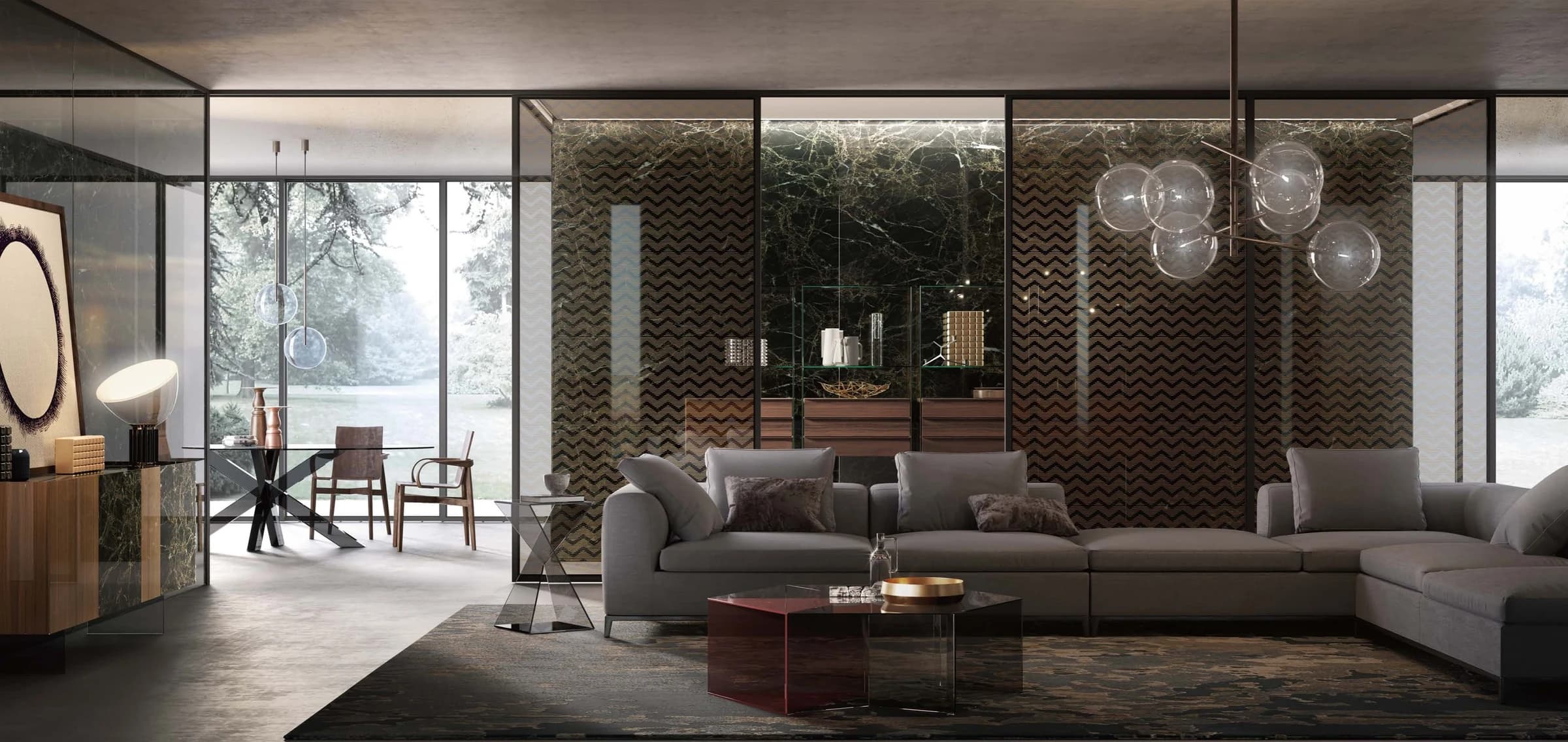 Glass, fabric and mineral surfaces within a quiet interior composition