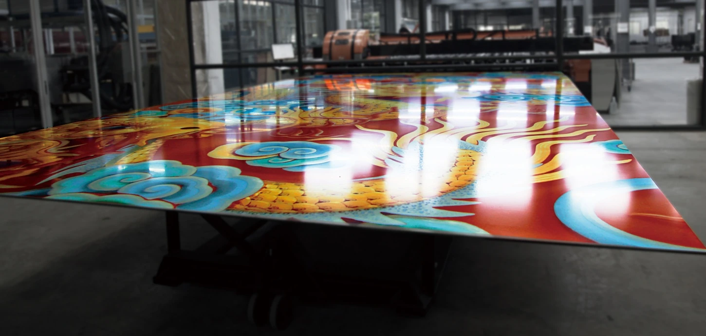 A decorative graphic printed across a real glass panel